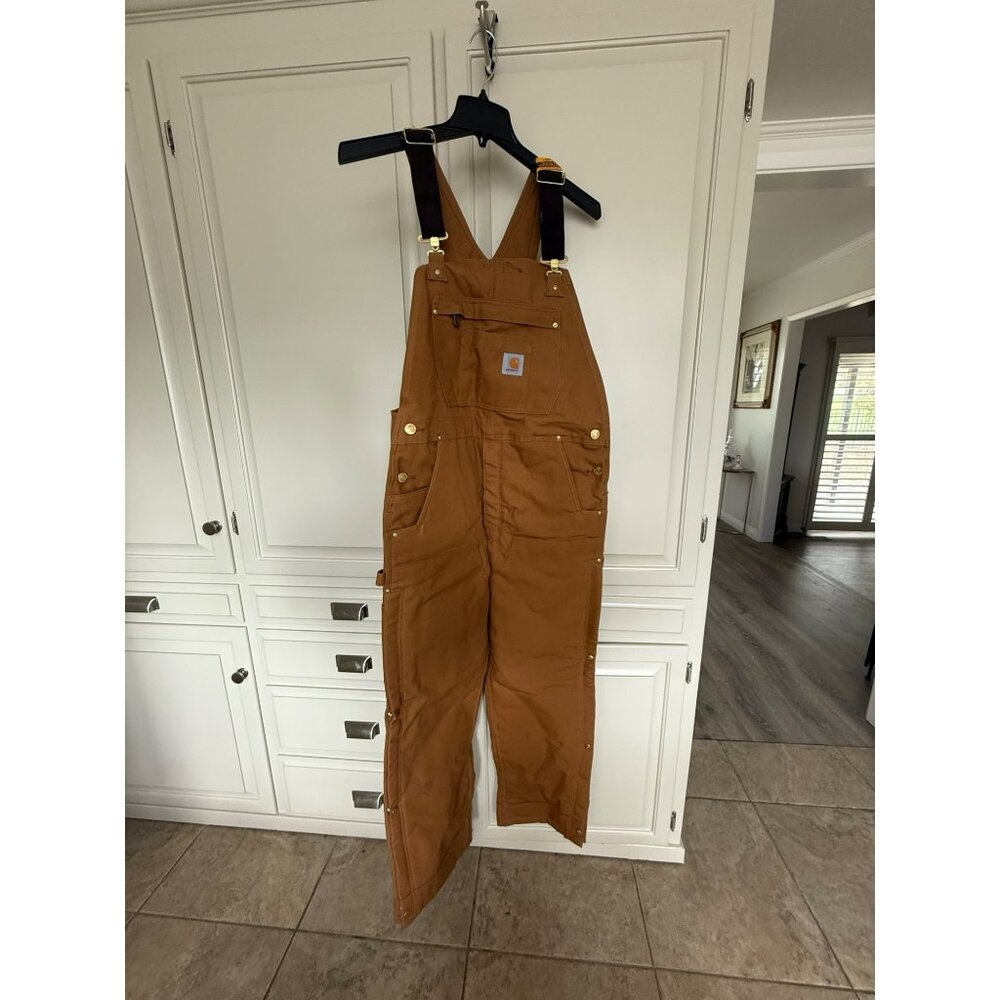 Carhartt Firm Duck Insulated Bib Overalls Loose Fit L Brown